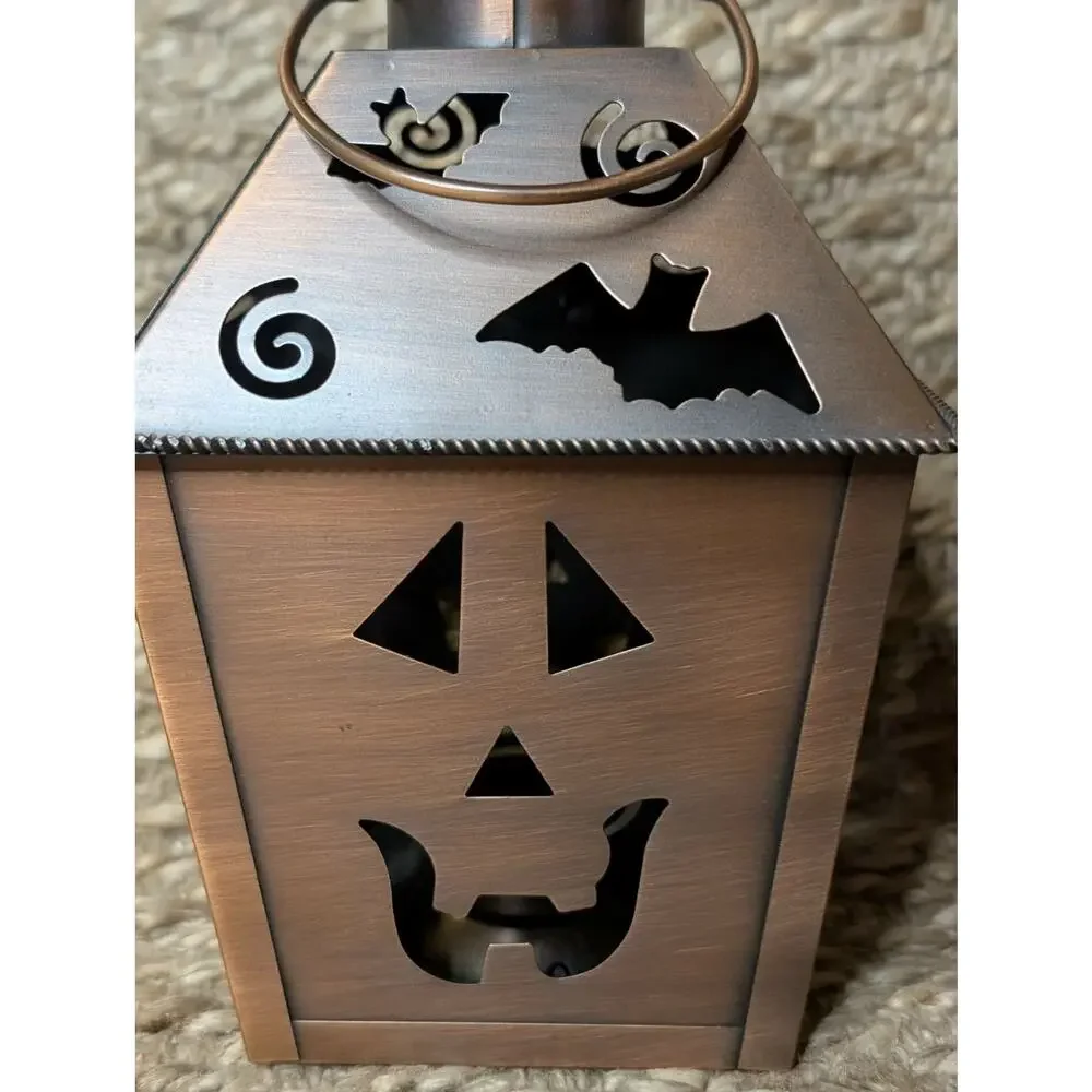 Halloween Lantern Tea Light Holder Metal Bronze Toned Pumpkin Bats